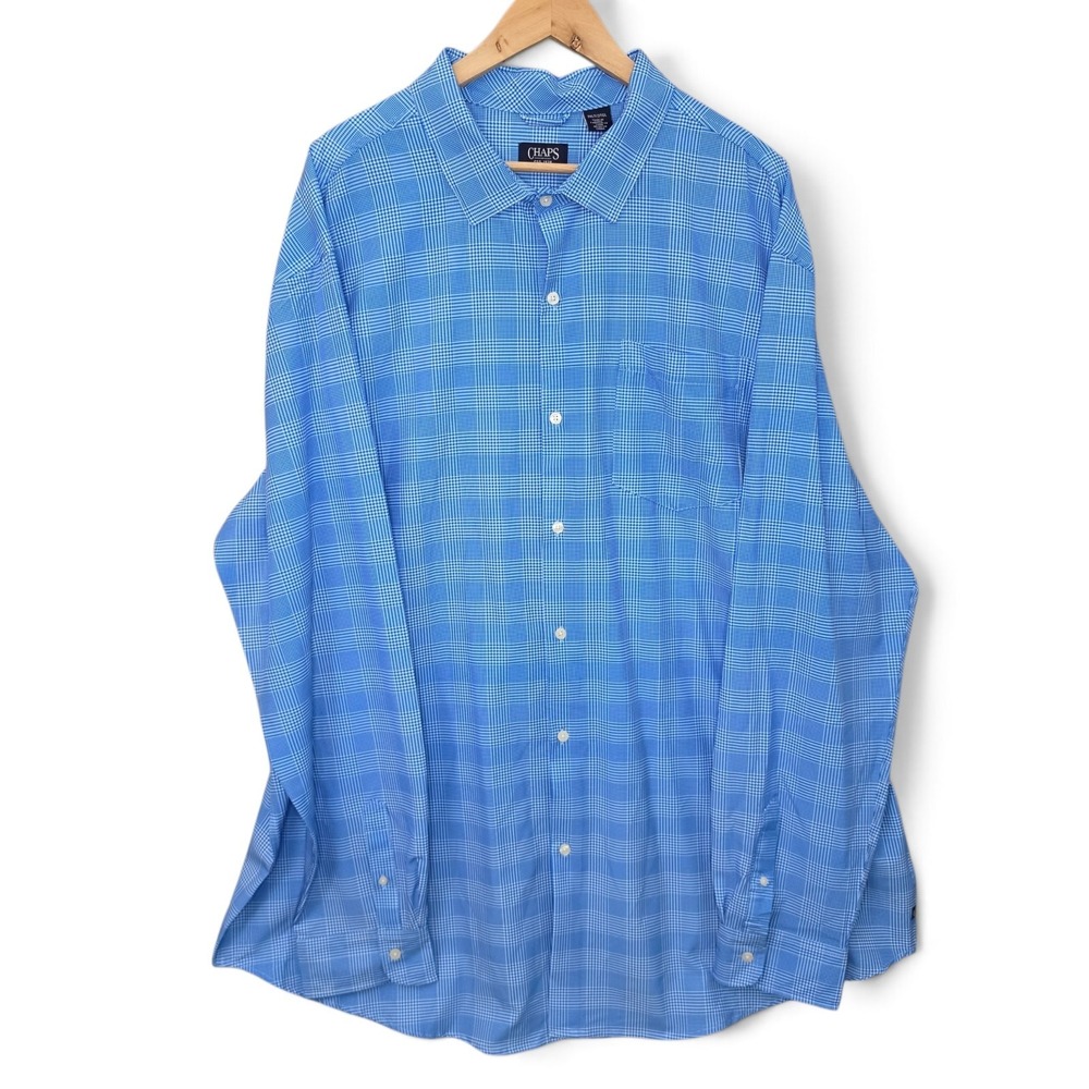 Chaps Button Down Shirt Mens 3XLT Blue White Plaid Check Big Tall Long Sleeve